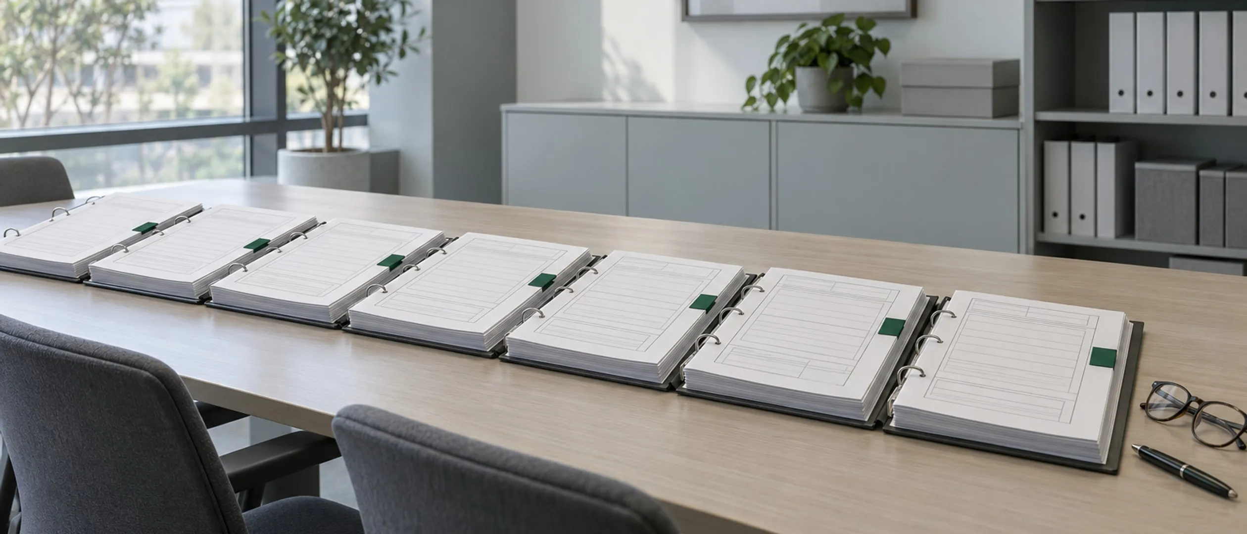 A row of open batch records on a long review table, each with a green review flag