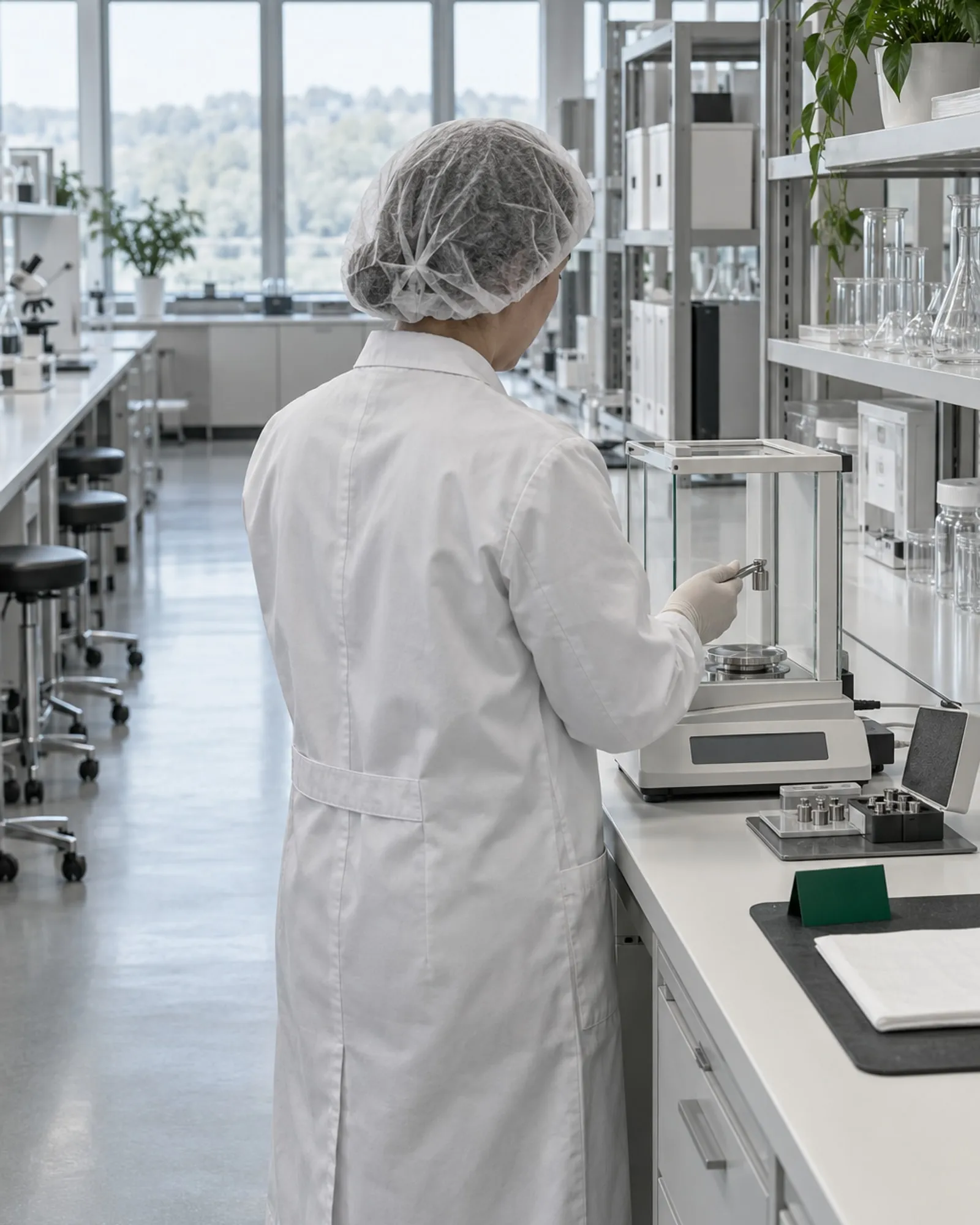 A QC analyst, seen from behind, runs the daily balance check in an empty, orderly laboratory at the start of the day