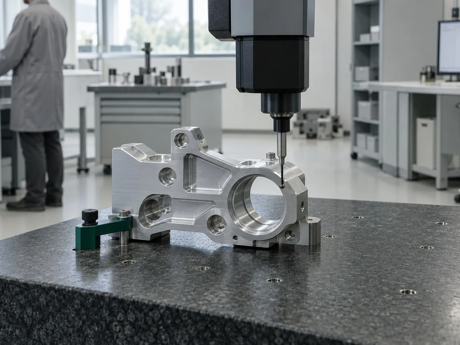 The probe of a coordinate measuring machine touches a machined part in a calibration lab