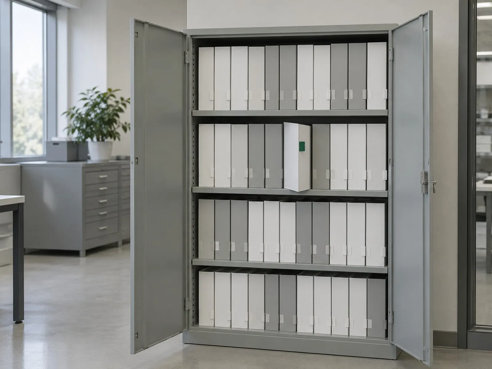 A cabinet of reference binders for standards, one binder pulled half out
