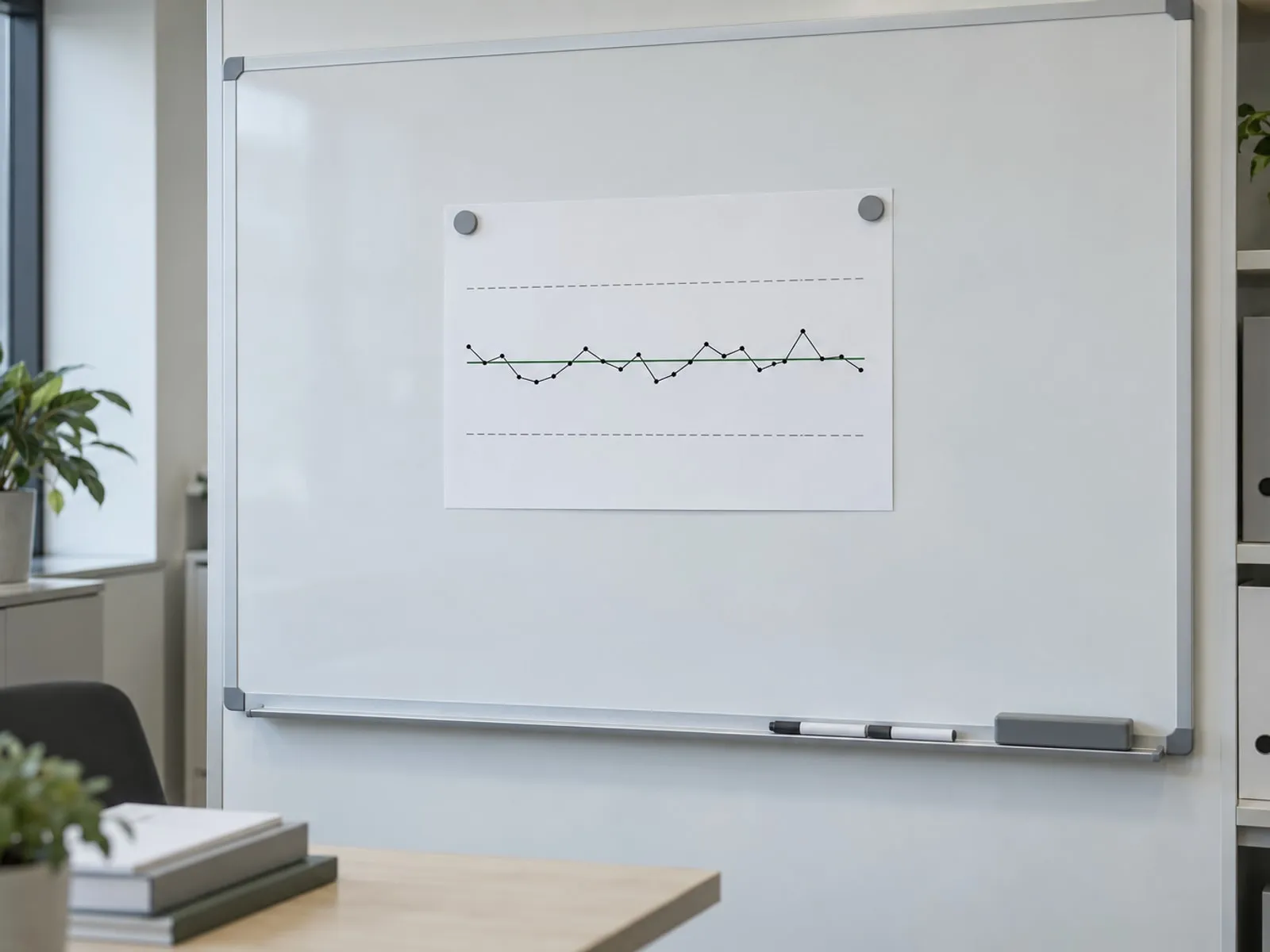 A printed control chart pinned to a quality office whiteboard