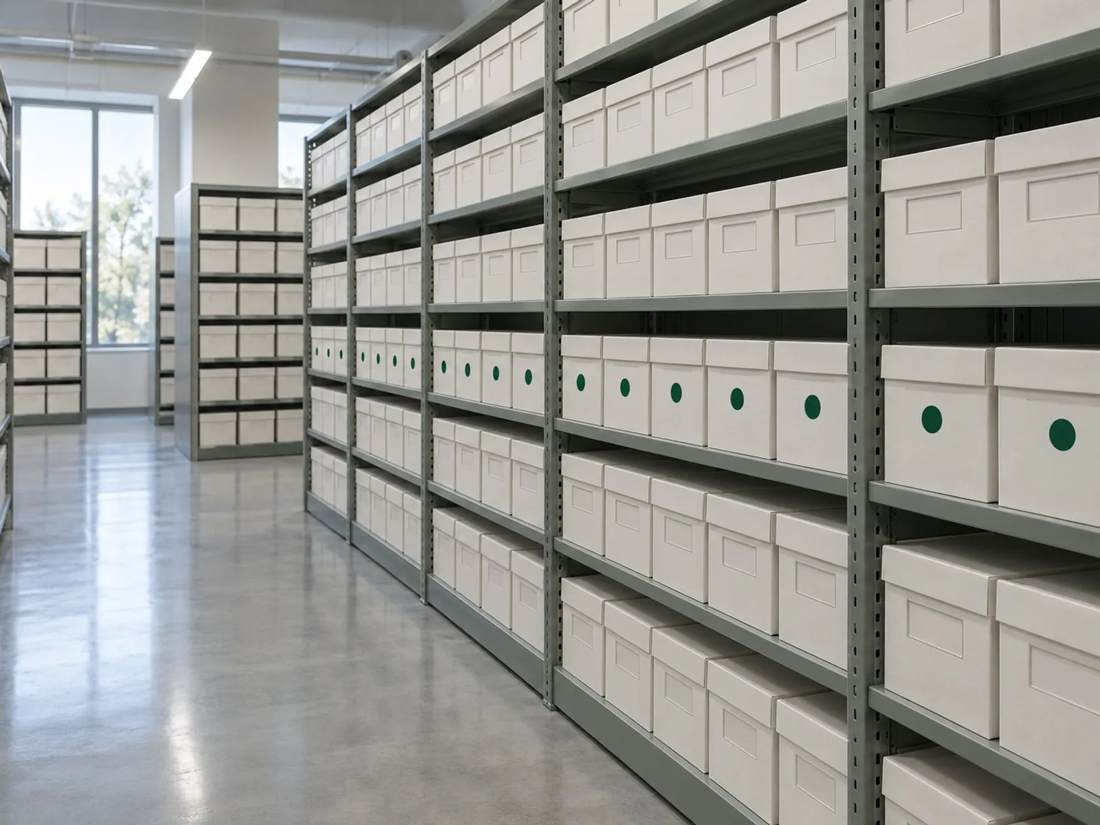 Rows of identical archive boxes on steel shelving in a records retention room