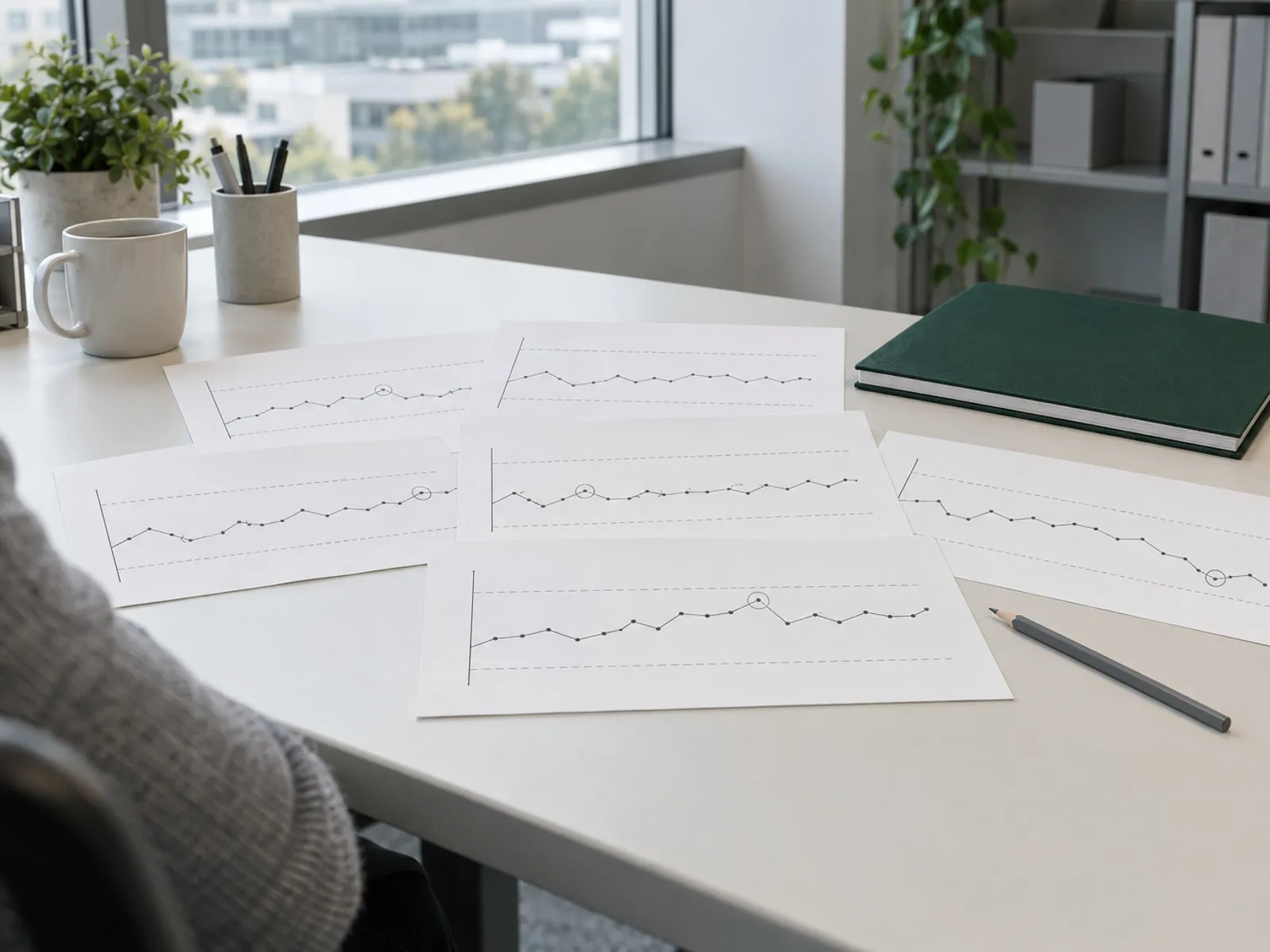 An analyst's desk by a window with printed control charts spread out for review