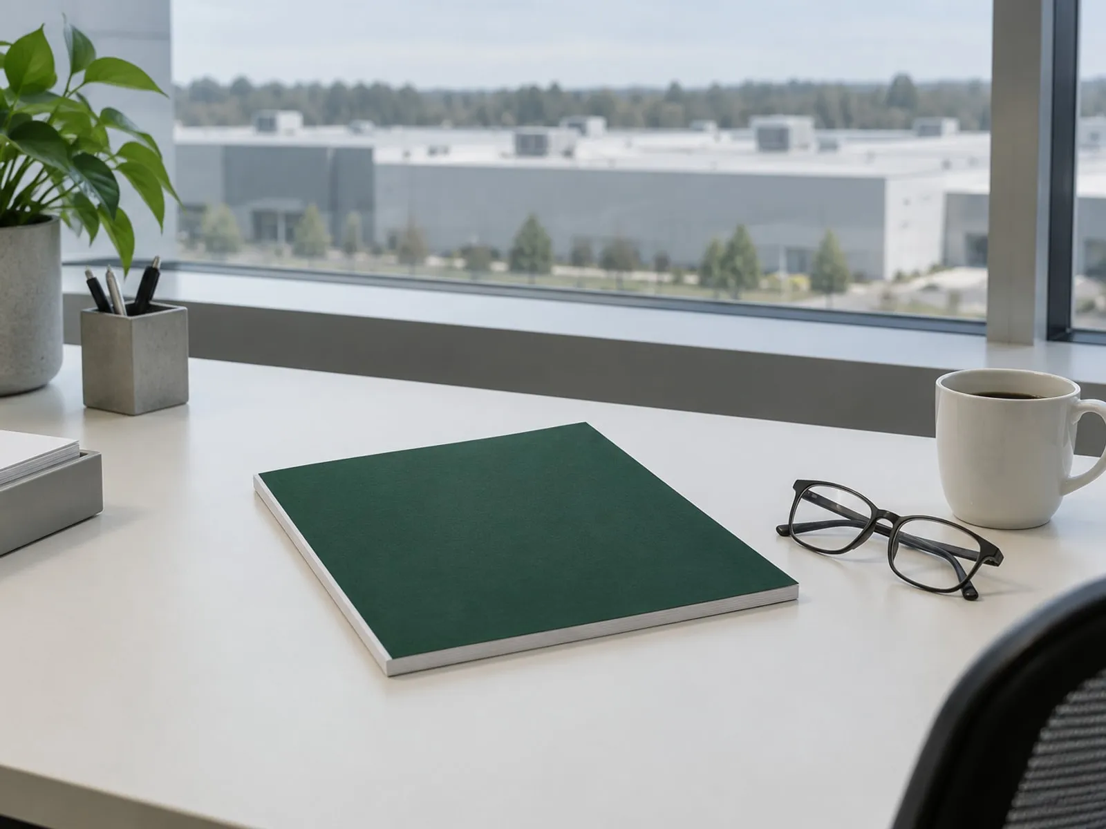 A printed report with a green cover on a desk at the start of the day, beside reading glasses and coffee
